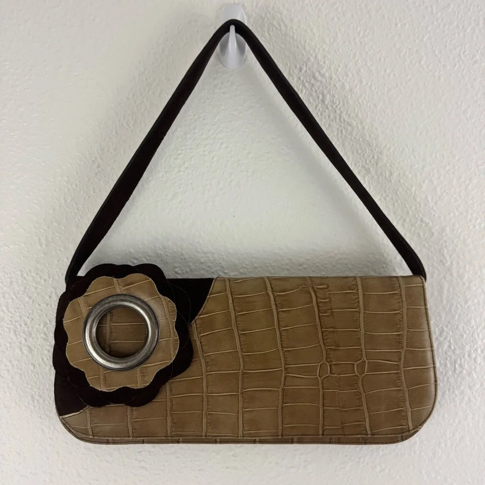 VENERA ARAPU Vintage 90s Brown Tan Suede Leather Embossed Flower Shoulder Bag
